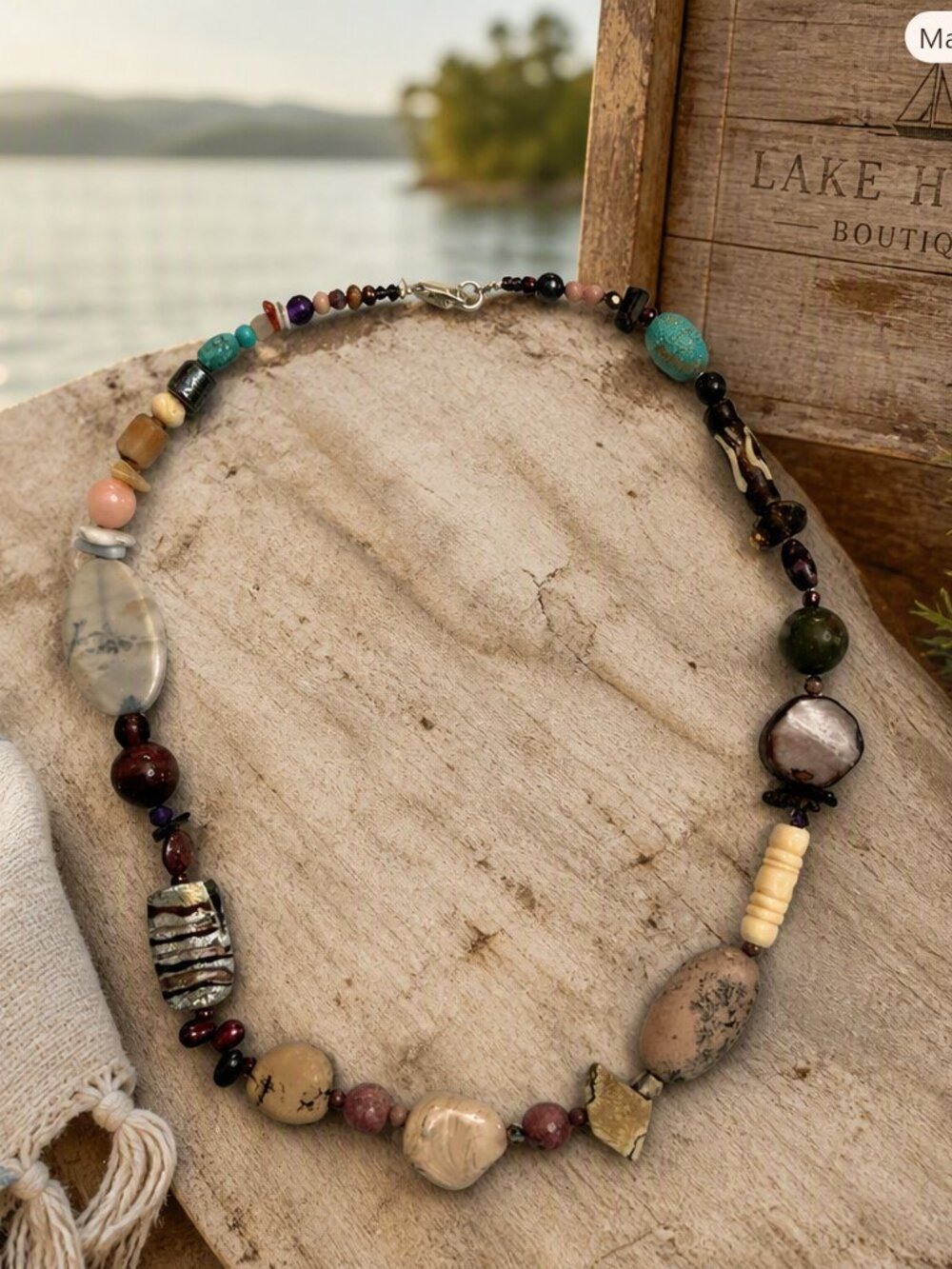 Chunky Stone & Glass Bead Statement Necklace 21”